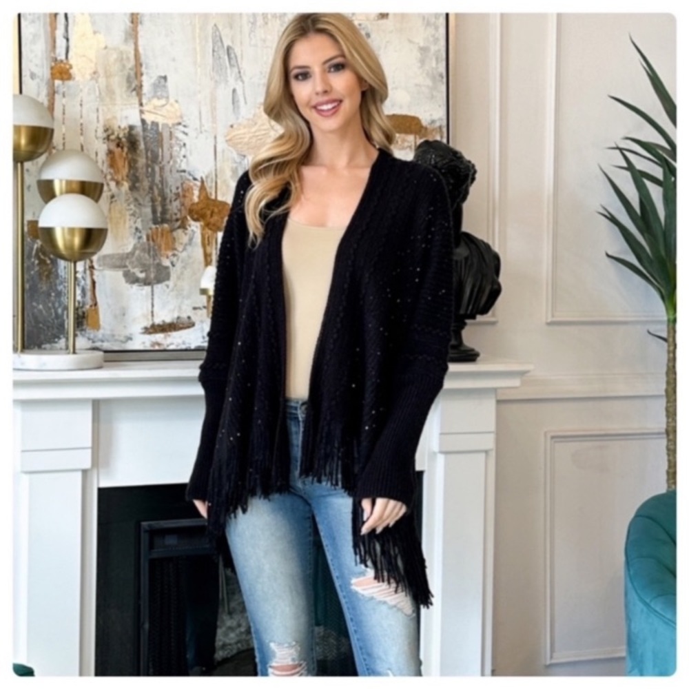NEW Black Sequin & Fringe Cardigan - Picture 3 of 15